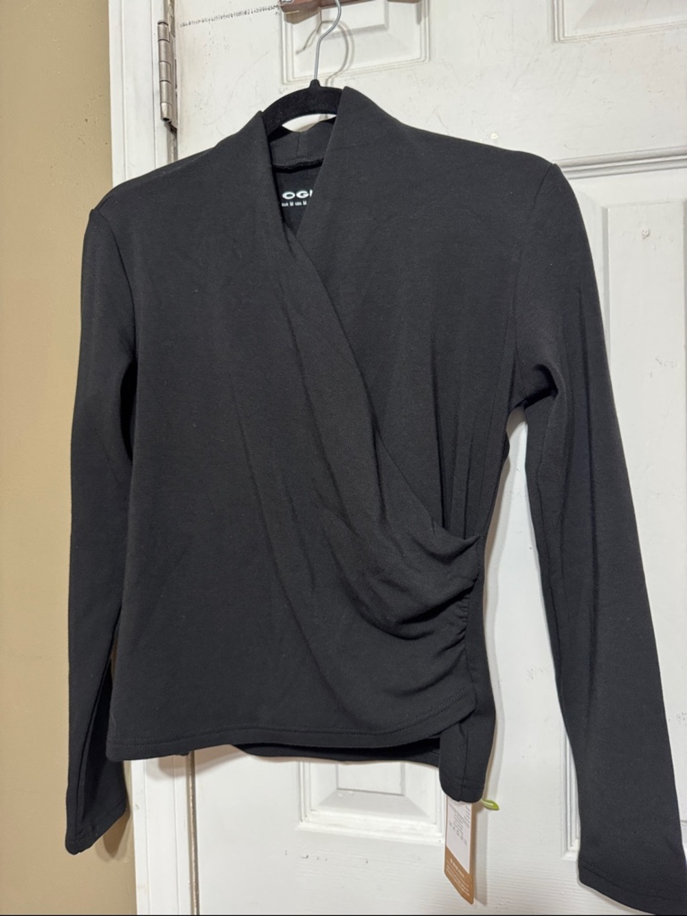 OGL Black Draped Wrap-Front Long Sleeve Top with Side Ruching